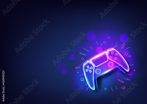 Neon game controller or joystick for game console on blue background.