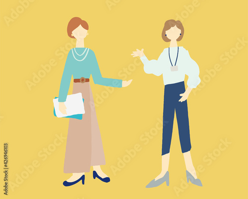 打ち合わせをしている働く女性の全体イラスト