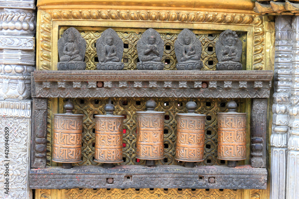 prayer wheels at temple in Kathmandu, Nepal