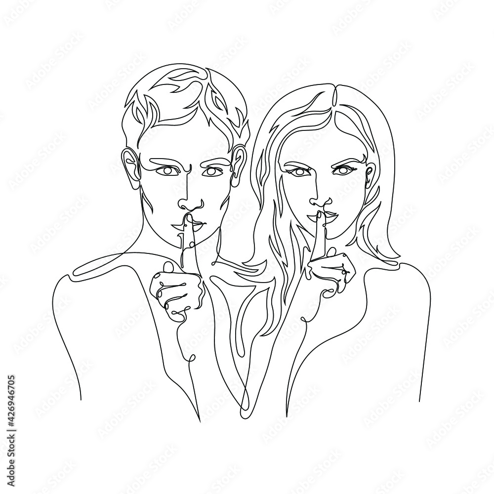 Continuous line vector drawing of man and woman holding finger on their lips. Minimalist illustration. One Line concept. Continuous line vector drawing of man and woman holding finger on their lips. Minimalist illustration. One Line concept.