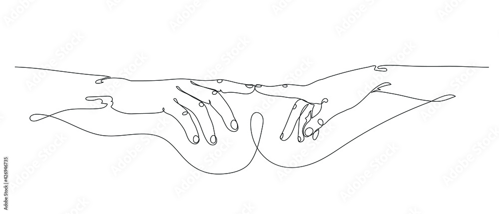 Continuous line vector drawing of hands touching with fingers. Minimalist Illustration. One Line concept. Continuous line vector drawing of hands touching with fingers. Minimalist Illustration. One Line concept.
