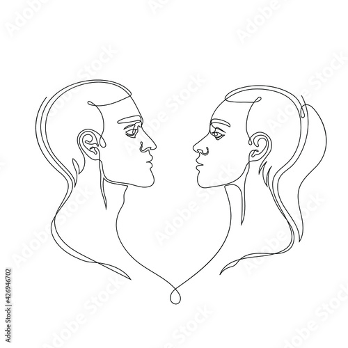 Continuous line vector drawing of man and woman looking at each other. Minimalist illustration of relationships. One Line concept.
