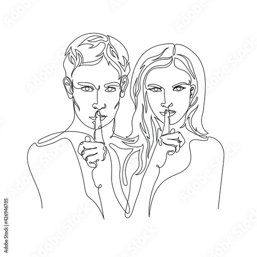 Continuous line vector drawing of man and woman holding finger on their lips. Minimalist illustration. One Line concept.