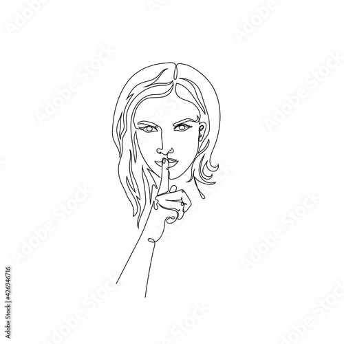 Continuous line vector drawing of woman holding finger on her lips. Minimalist illustration. One Line concept.