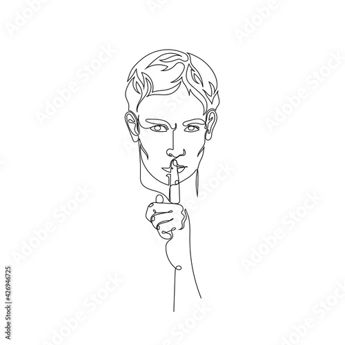 Continuous line vector drawing of man holding finger on his lips. Minimalist illustration. One Line concept.