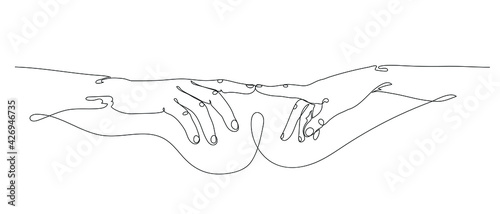 Continuous line vector drawing of hands touching with fingers. Minimalist Illustration. One Line concept.