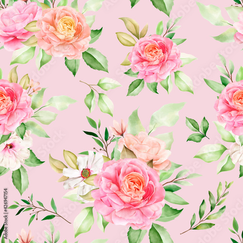 elegant seamless pattern watercolor floral and leaves