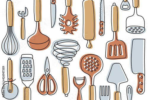 Kitchen knolling. Kitchenware sketch set. Doodle line vector utensils, tools and cutlery. Whisk, slotted spoon, scissors, rolling pin, ladle and spatula. Knife, fork, peeler and opener.
