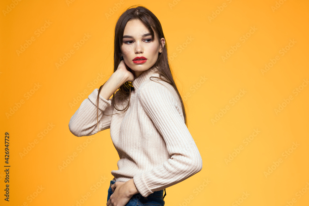 Cute brunette makeup red lips fashionable clothes yellow background Cute brunette makeup red lips fashionable clothes yellow background