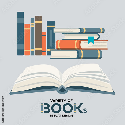 Variety of books in flat design