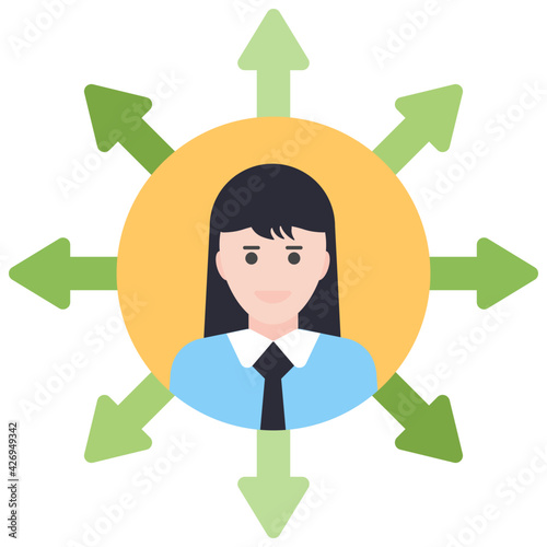 Outward arrows with female, icon of user directions