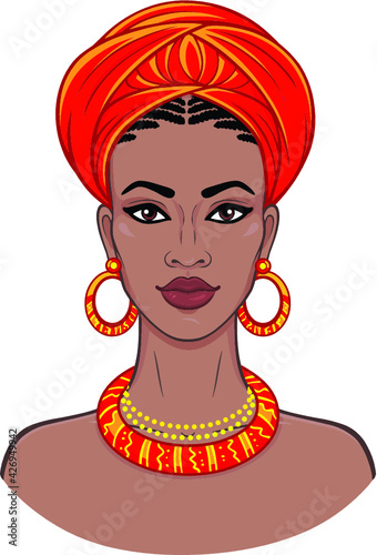 African beauty. Animation portrait of the young black woman in a turban. Vector color illustration isolated on a white background. Print, poster, t-shirt, card.