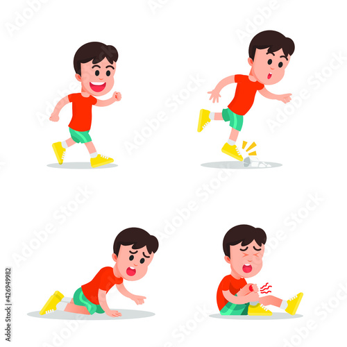 boy ran and fell because he tripped over a rock