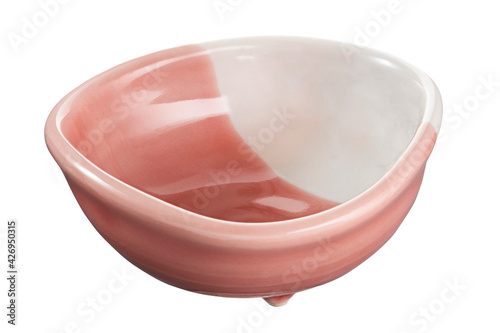 Japanese ceramic bowl, Empty coral pink cup isolated on white background with clipping path, Side view 