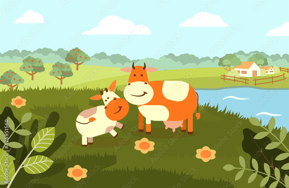 A cow with a calf on the background of a rural landscape. Vector flat illustration A cow with a calf on the background of a rural landscape. Vector flat illustration