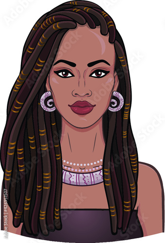 Animation portrait of the young beautiful African woman  in a dreadlocks. Color drawing. Vector illustration isolated on a white background. Print, poster, t-shirt, card.
