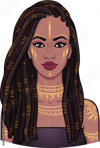 Animation portrait of the young beautiful African woman  in a dreadlocks. Color drawing. Vector illustration isolated on a white background. Print, poster, t-shirt, card.