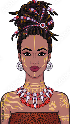 Animation portrait of the young beautiful African woman  in a dreadlocks. Color drawing. Vector illustration isolated on a white background. Print, poster, t-shirt, card.