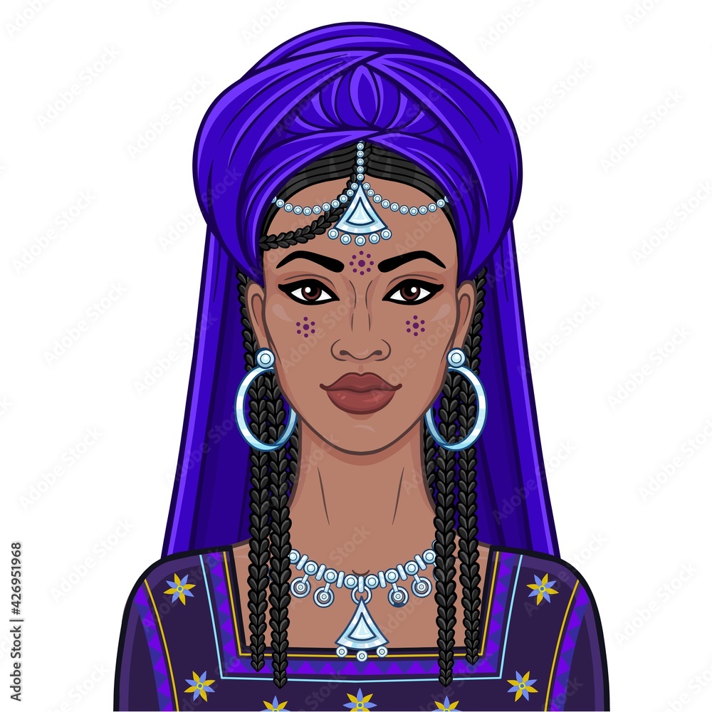 Animation portrait of the young beautiful African woman in a turban and ancient clothes.  Color drawing. Vector illustration isolated on a white background. Print, poster, t-shirt, card.