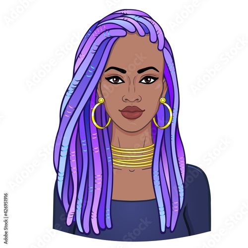 Animation portrait of the young beautiful African woman  in a dreadlocks. Color drawing. Vector illustration isolated on a white background. Print, poster, t-shirt, card.