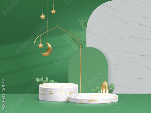 3d modern Islam podium in green background for product display with lantern, crescent moon, dates leaf, stars. White Marble podium with gold crack, texture wall. stage, pedestal, presentation, display