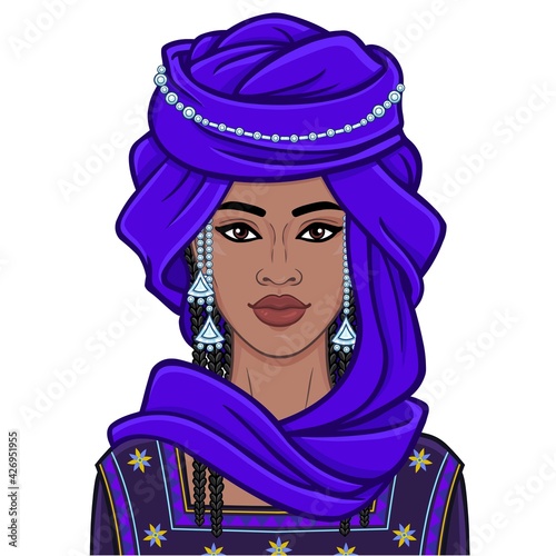 Animation portrait of the young African woman in a turban and ancient clothes.  Color drawing. Vector illustration isolated on a white background. Print, poster, t-shirt, card.