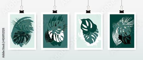 Set of tropical nature leaf with gold shape. Floral element geometric design. Organic minimal trend graphic leaves posters. Can be used on banners, flyers or web. Vector illustration EPS 10.