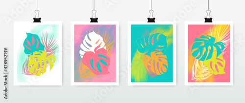 Set of tropical nature leaf with gold shape. Floral element geometric design. Organic minimal trend graphic leaves posters. Can be used on banners, flyers or web. Vector illustration EPS 10.
