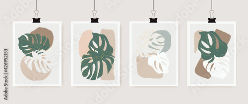 Set of tropical nature leaf with gold shape. Floral element geometric design. Organic minimal trend graphic leaves posters. Can be used on banners, flyers or web. Vector illustration EPS 10.
