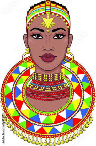 Animation portrait of the beautiful African woman in ancient clothes and jewelry. Color drawing. Vector illustration isolated on a white background. Print, poster, t-shirt, card.