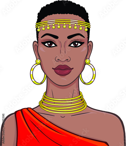 Animation portrait of the beautiful African woman in ancient clothes and jewelry. Amazon, warrior, princess. Color drawing. Vector illustration isolated on a white background. Print, poster, t-shirt. 