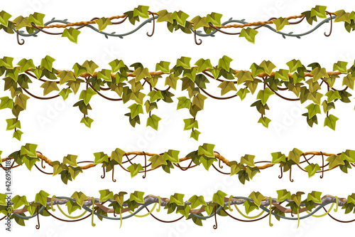 Ivy seamless borders. Set liana branches and tropical leaves. Game cartoon elements of creeper jungle. Isolated vector illustration on white background.