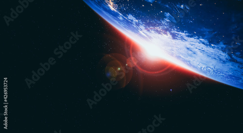 Fototapeta Naklejka Na Ścianę i Meble -  Planet earth globe view from space showing realistic earth surface and world map as in outer space point of view . Elements of this image furnished by NASA planet earth from space photos.