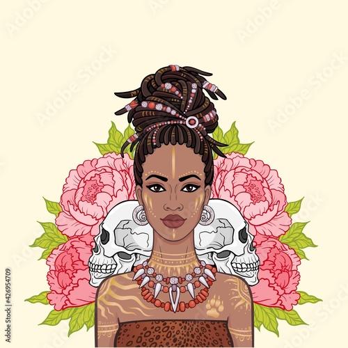 Animation portrait of the beautiful black woman, wreath of flowers. Amazon, warrior, princess. Color drawing. Vector illustration isolated on a beige background. Print, poster, t-shirt, card.