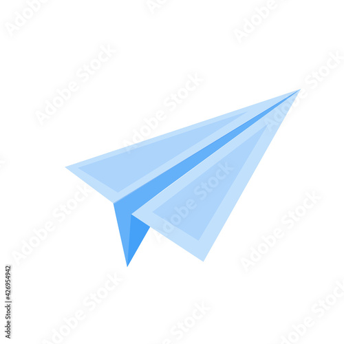Blue paper airplane. Icon for mobile apps. Paper art Style