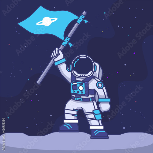 astronaut mascot character lifting flag on the moon with galaxy background concept illustration
