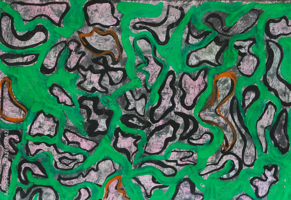Art design green color hand drawing close up. Fashionable variegated and colorful tone acrylic paints