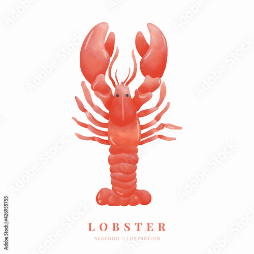 Watercolor lobster on white background. Digital paint. Vector illustration.