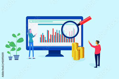 Auditing, business analysis concept with characters. Concept of opportunities. Graphic and audit documentation, economic analysis financial budget. Illustration Flat isometric vector background.