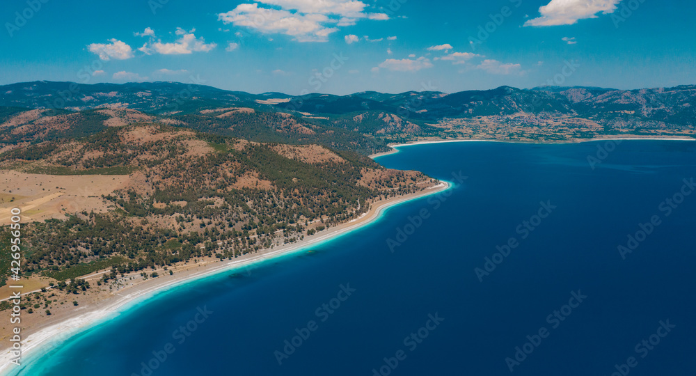 Beautiful sea cost view. Turkey sea costline beach. Sunlight in summer sunny day.