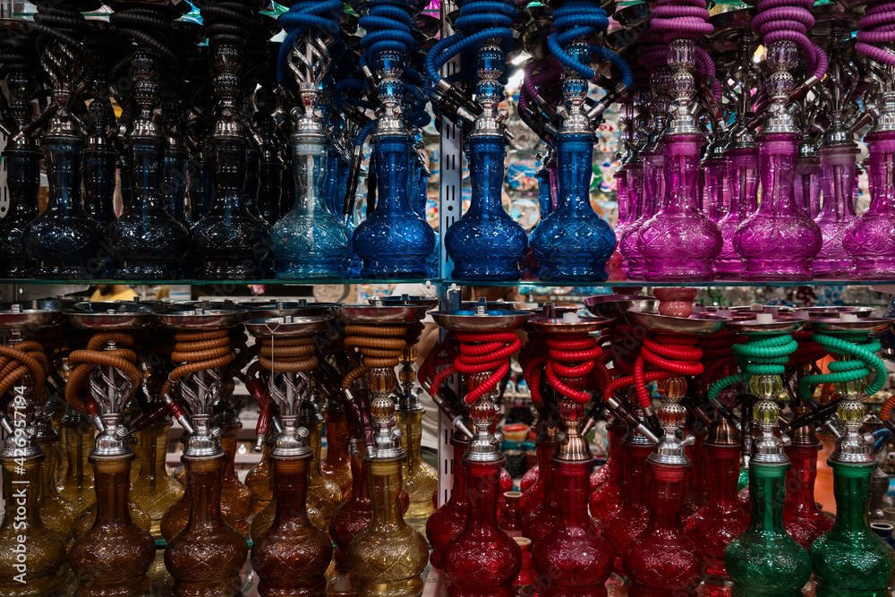 Turkish Bazaar, considered to be the oldest shopping mall in history. Hookah showcase Turkish Bazaar, considered to be the oldest shopping mall in history. Hookah showcase