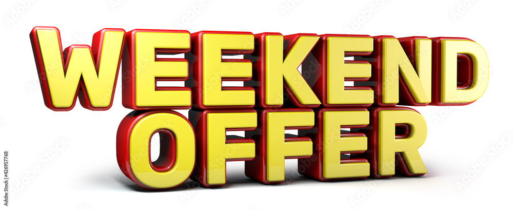 Weekend offer 3d word made from red and yellow isolated on white background. 3d illustration.