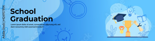 Education Web Banner Design.graduation roll paper with graduation cap and trophy. scholarship and education achievement header or footer banner.