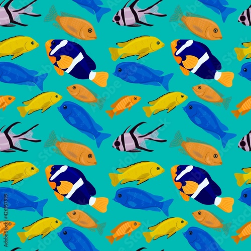 Seamless background with tropical fish. Underwater animal design. Coral reef fish cute cartoon illustration. Bright marine print. Deep Sea Wallpaper