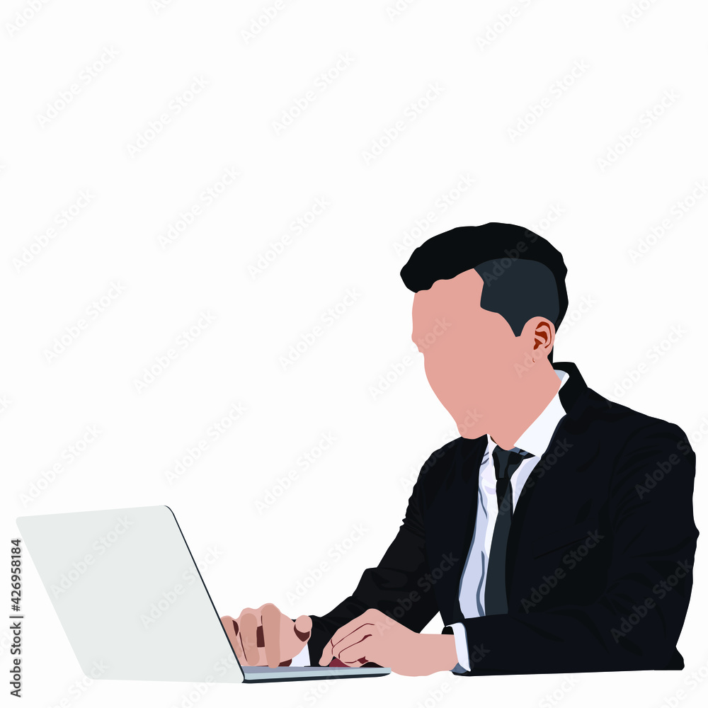 young businessman sitting and working with laptop over white background young businessman sitting and working with laptop over white background