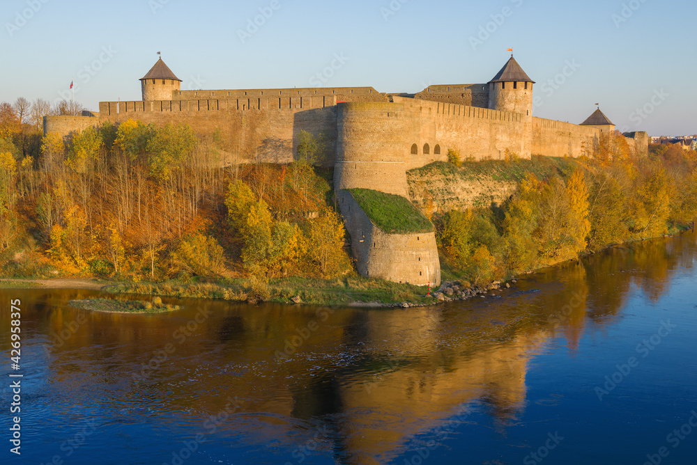 Ivangorod fortress on a sunny October evening. Leningrad region, Russia