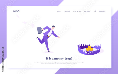 Money trap business concept. Young adult businessman running to catch the coin money in the steel bear trap flat style design vector illustration. Metaphor of greedy financial risk and bad solutions.