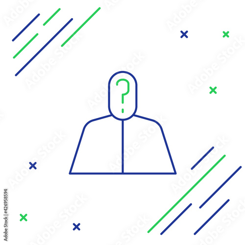 Line Anonymous man with question mark icon isolated on white background. Unknown user, incognito profile, business secrecy, obscurity. Colorful outline concept. Vector