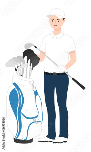 スポーツのゴルフのイラスト。キャディバッグとゴルフクラブを持っている若い男性。
