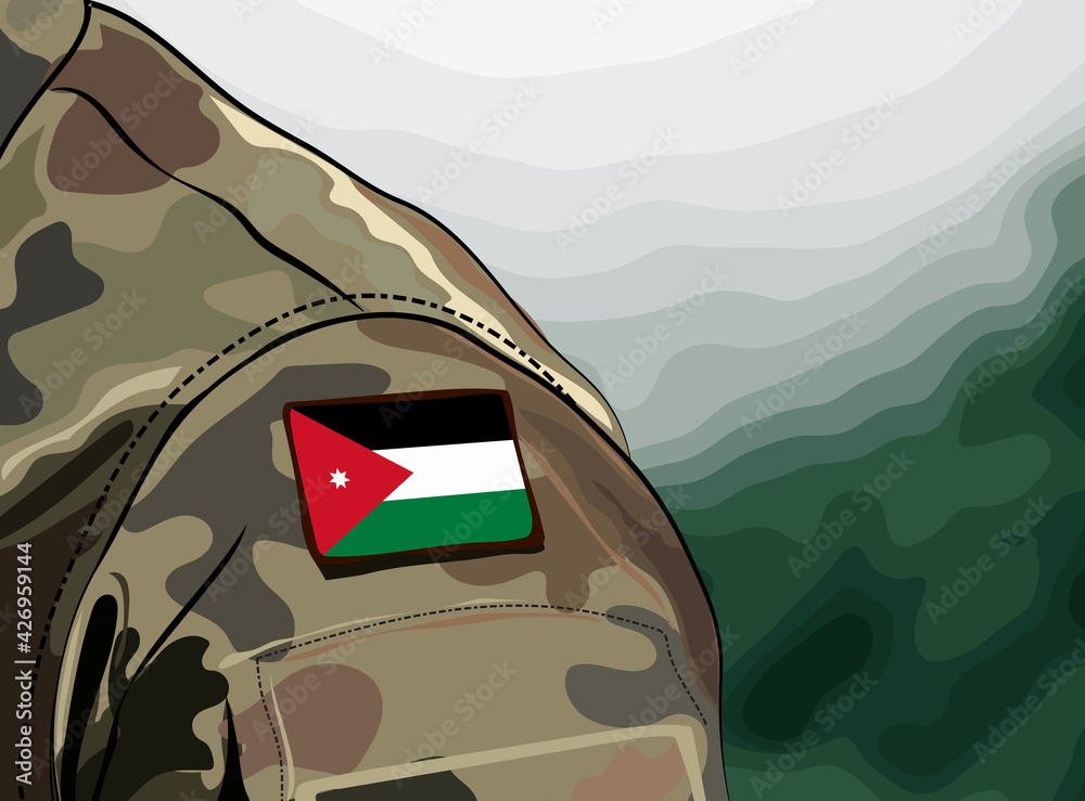 Flag Kingdom of Jordan on soldier arm. Jordanian Armed Forces - obrazy, fototapety, plakaty 